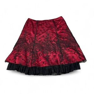 90s style Adrianna Papell red/black midi skirt with lace and beading details